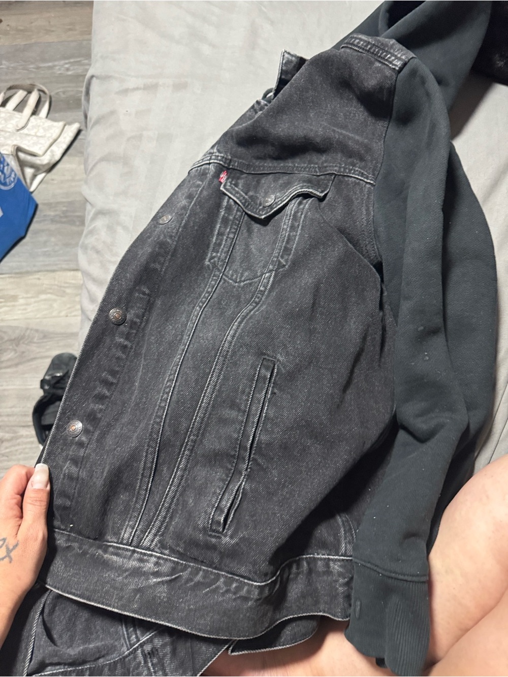 Levi's Black Denim Hooded Varsity Jacket with Black Sleeves - Picture 5 of 7